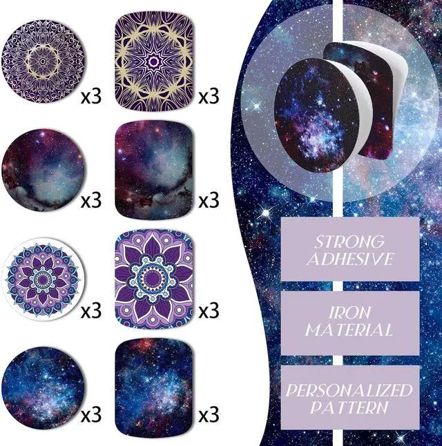 Alt view image 3 of 7 - Weewooday 24 Pieces Phone Metal Plates Magnetic Mount Accessory for All Magnetic Car, Cell Phone, Tablet Holder, 12 Rectangle and 12 Round (Purple and Blue, Delicate Style)