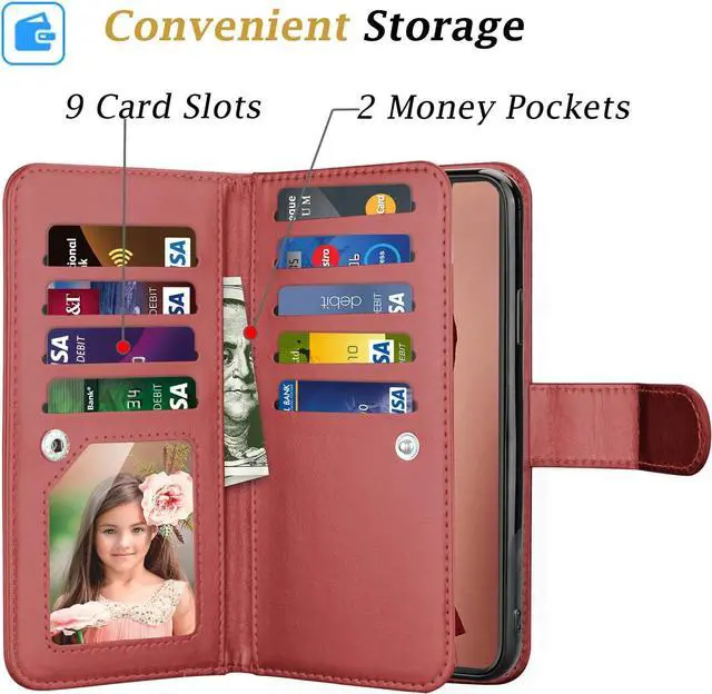 Alt view image 2 of 7 - Takfox Wallet Case for iPhone 11, iPhone 11 6.1 Leather Wallet Case with ID Credit Card Holder Slots Folio Flip Kickstand Detachable Magnetic Phone Case & Carrying Wrist Strap for iPhone 11-Wine Red