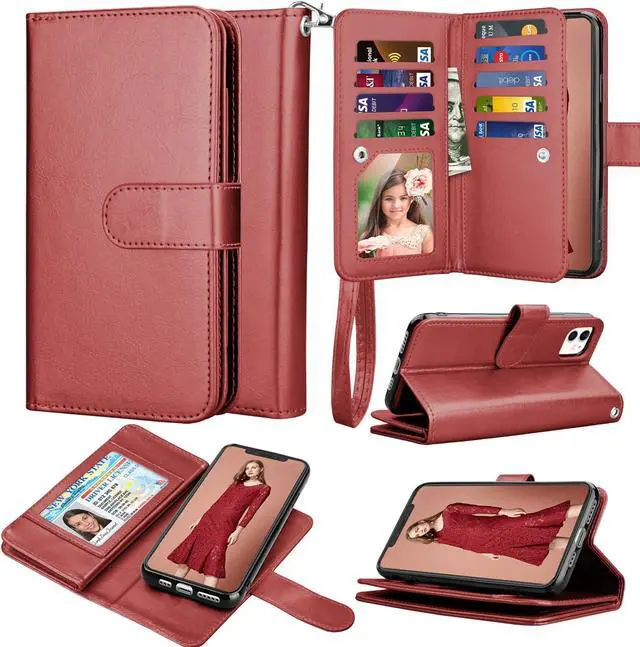 Main image of Takfox Wallet Case for iPhone 11, iPhone 11 6.1 Leather Wallet Case with ID Credit Card Holder Slots Folio Flip Kickstand Detachable Magnetic Phone Case & Carrying Wrist Strap for iPhone 11-Wine Red