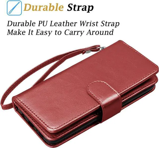 Alt view image 6 of 7 - Takfox Wallet Case for iPhone 11, iPhone 11 6.1 Leather Wallet Case with ID Credit Card Holder Slots Folio Flip Kickstand Detachable Magnetic Phone Case & Carrying Wrist Strap for iPhone 11-Wine Red