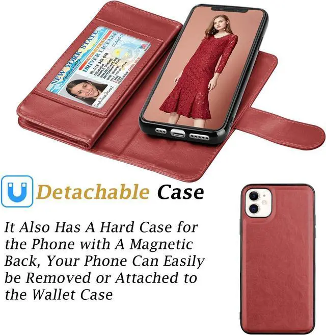 Alt view image 5 of 7 - Takfox Wallet Case for iPhone 11, iPhone 11 6.1 Leather Wallet Case with ID Credit Card Holder Slots Folio Flip Kickstand Detachable Magnetic Phone Case & Carrying Wrist Strap for iPhone 11-Wine Red