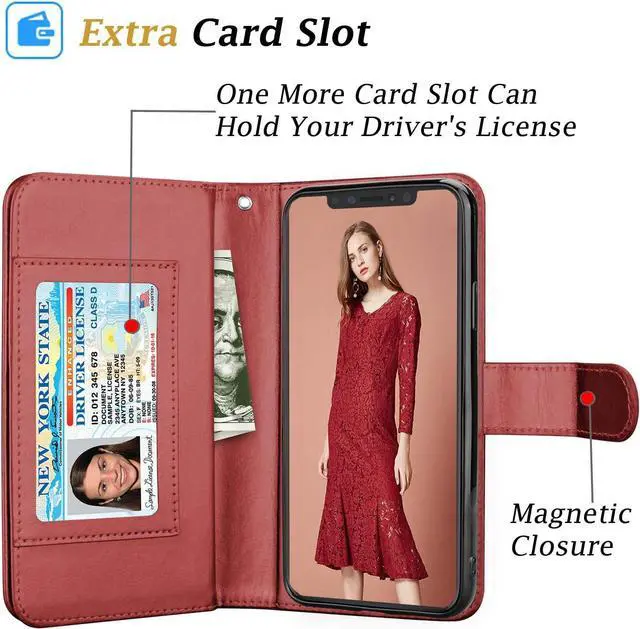 Alt view image 3 of 7 - Takfox Wallet Case for iPhone 11, iPhone 11 6.1 Leather Wallet Case with ID Credit Card Holder Slots Folio Flip Kickstand Detachable Magnetic Phone Case & Carrying Wrist Strap for iPhone 11-Wine Red