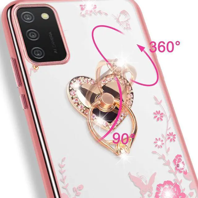 Alt view image 3 of 7 - B-wishy for Samsung Galaxy A03S Case for Women, Glitter Crystal Butterfly Heart Floral Slim TPU Luxury Bling Cute Girls Protective Cover with Ring Holder Stand+Strap for Samsung A03S (Rose Gold)