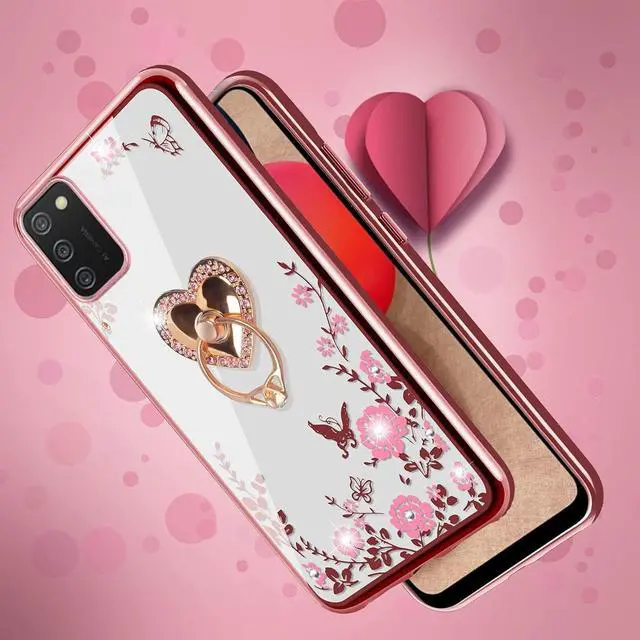 Alt view image 5 of 7 - B-wishy for Samsung Galaxy A03S Case for Women, Glitter Crystal Butterfly Heart Floral Slim TPU Luxury Bling Cute Girls Protective Cover with Ring Holder Stand+Strap for Samsung A03S (Rose Gold)