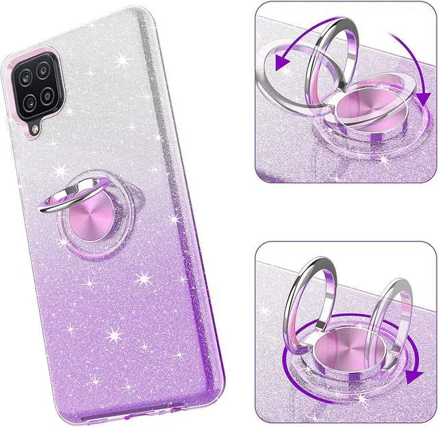 Alt view image 6 of 7 - TJS Compatible with Samsung Galaxy A15 5G Case, with Tempered Glass Screen Protector, Metal Ring Magnetic Support Kickstand Tone Shinny Glitter Phone Case (Purple)