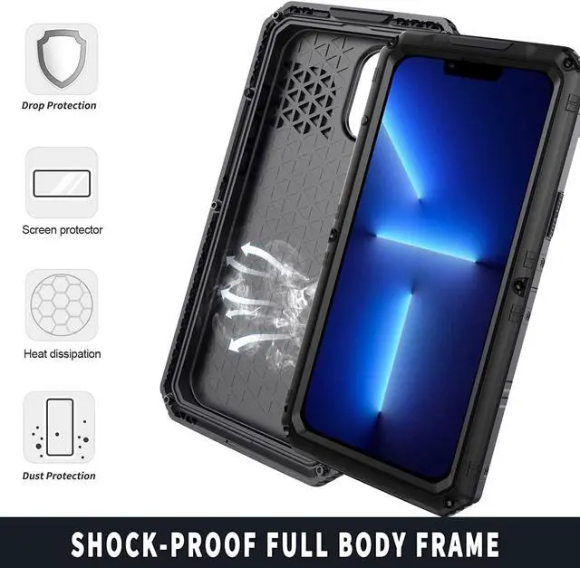 Alt view image 4 of 7 - Waterproof Case for iPhone 14 Pro Max 6.7 inch, Heavy Duty Shockproof Dustproof Metal Durable Case with Built-in Screen,360 Full Body Protection Rugged Military Grade Defender - Black