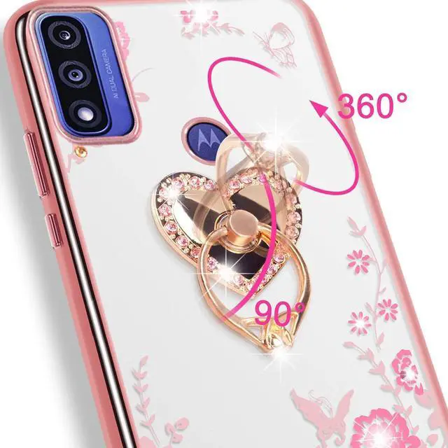 Alt view image 3 of 7 - B-wishy for Motorola Moto G Pure Phone Case,Moto G Power 2022 Case for Women, Glitter Butterfly Heart Floral Slim TPU Protective Cover with Kickstand+Strap for Moto G Play 2023(Rose Gold)