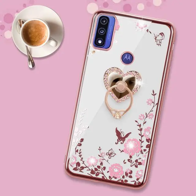 Alt view image 7 of 7 - B-wishy for Motorola Moto G Pure Phone Case,Moto G Power 2022 Case for Women, Glitter Butterfly Heart Floral Slim TPU Protective Cover with Kickstand+Strap for Moto G Play 2023(Rose Gold)