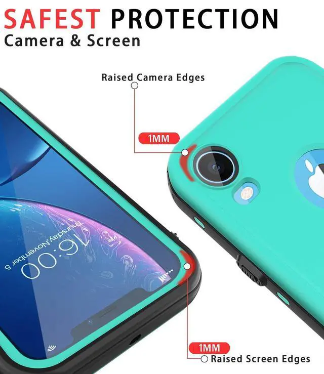 Alt view image 2 of 7 - for iPhone Xr Case Waterproof Shockproof Dustproof IP68 Full-Body Sturdy with Kickstand Case Built-in Screen Protector Underwater Full Sealed Cover Protective for iPhone Xr (Teal)