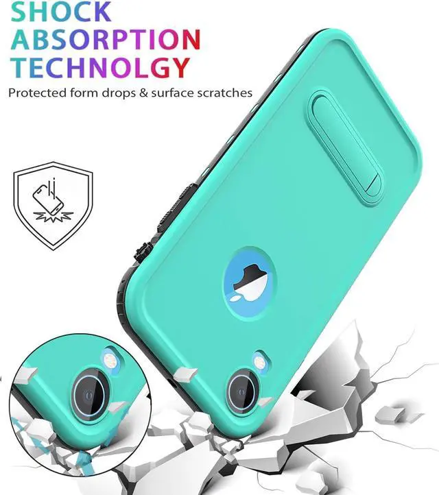 Alt view image 3 of 7 - for iPhone Xr Case Waterproof Shockproof Dustproof IP68 Full-Body Sturdy with Kickstand Case Built-in Screen Protector Underwater Full Sealed Cover Protective for iPhone Xr (Teal)