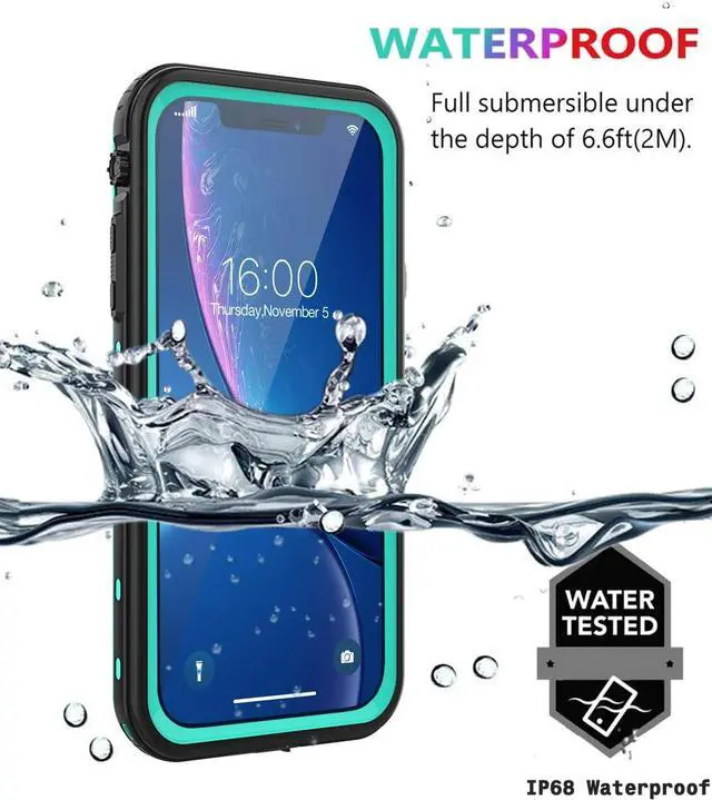 Alt view image 4 of 7 - for iPhone Xr Case Waterproof Shockproof Dustproof IP68 Full-Body Sturdy with Kickstand Case Built-in Screen Protector Underwater Full Sealed Cover Protective for iPhone Xr (Teal)
