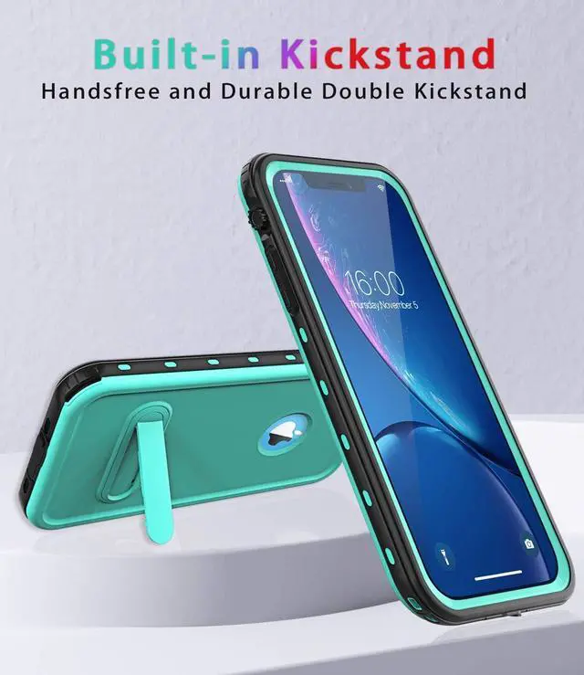 Alt view image 6 of 7 - for iPhone Xr Case Waterproof Shockproof Dustproof IP68 Full-Body Sturdy with Kickstand Case Built-in Screen Protector Underwater Full Sealed Cover Protective for iPhone Xr (Teal)
