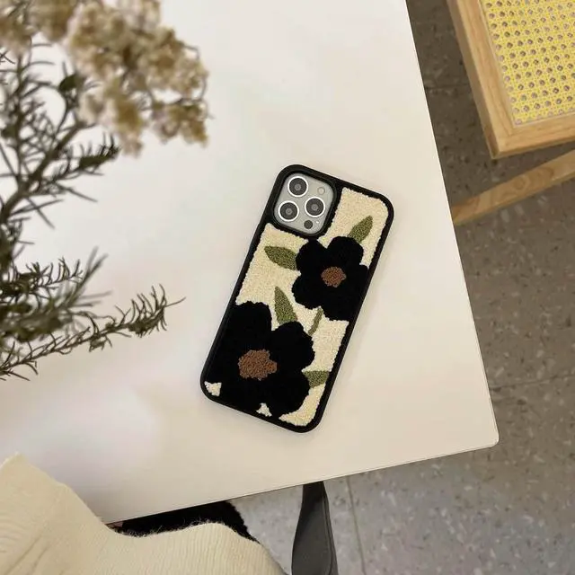 Alt view image 2 of 7 - Cute Flower Phone Case Compatible with iPhone 13 Pro Max 6.7 inch Retro Black Floral Soft Carpet Fuzzy Fluffy Girly Protective Cover(Black Flowers)