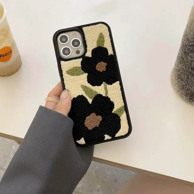 Alt view image 5 of 7 - Cute Flower Phone Case Compatible with iPhone 13 Pro Max 6.7 inch Retro Black Floral Soft Carpet Fuzzy Fluffy Girly Protective Cover(Black Flowers)