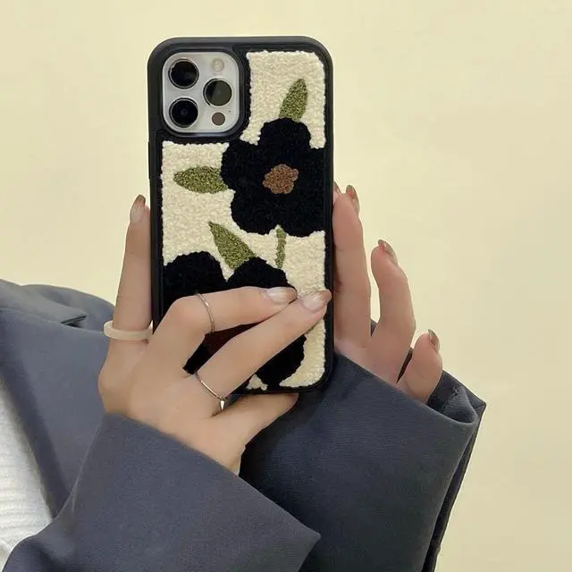 Alt view image 3 of 7 - Cute Flower Phone Case Compatible with iPhone 13 Pro Max 6.7 inch Retro Black Floral Soft Carpet Fuzzy Fluffy Girly Protective Cover(Black Flowers)