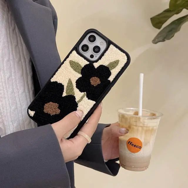 Alt view image 4 of 7 - Cute Flower Phone Case Compatible with iPhone 13 Pro Max 6.7 inch Retro Black Floral Soft Carpet Fuzzy Fluffy Girly Protective Cover(Black Flowers)