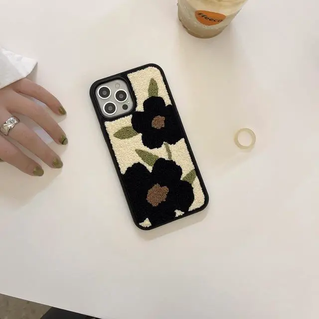 Alt view image 6 of 7 - Cute Flower Phone Case Compatible with iPhone 13 Pro Max 6.7 inch Retro Black Floral Soft Carpet Fuzzy Fluffy Girly Protective Cover(Black Flowers)
