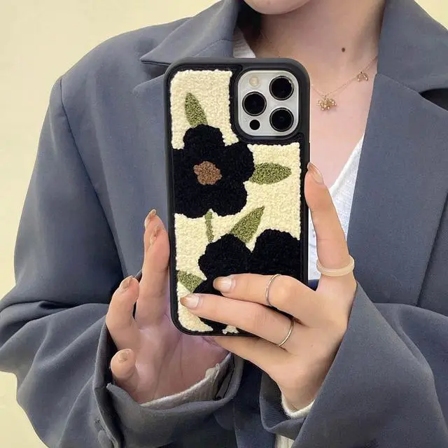 Alt view image 7 of 7 - Cute Flower Phone Case Compatible with iPhone 13 Pro Max 6.7 inch Retro Black Floral Soft Carpet Fuzzy Fluffy Girly Protective Cover(Black Flowers)