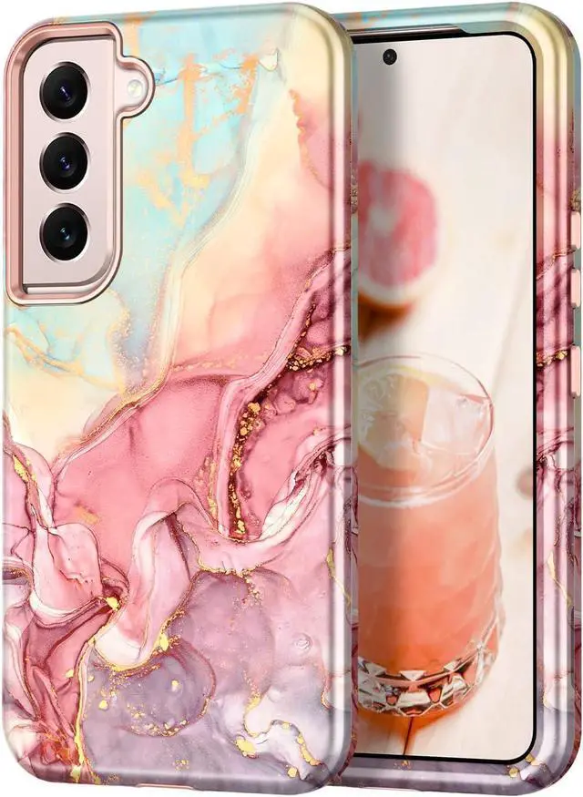 Main image of Btscase for Samsung Galaxy S22 5G 6.1 Inch Case,Marble Pattern 3 in 1 Heavy Duty Shockproof Full Body Rugged Hard PC+Soft Silicone Drop Protective Women Girl Cover, Rose Gold