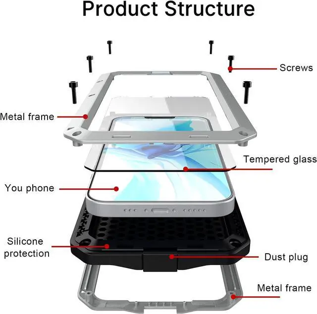 Alt view image 7 of 7 - for iPhone 13 Case, 360 Full Body Protective Cover Heavy Duty Shockproof Tough Armour Aluminum Metal Case with Silicone Built-in Screen Protector for Apple iPhone 13 6.1 Inch - Silver