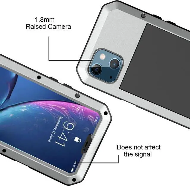 Alt view image 5 of 7 - for iPhone 13 Case, 360 Full Body Protective Cover Heavy Duty Shockproof Tough Armour Aluminum Metal Case with Silicone Built-in Screen Protector for Apple iPhone 13 6.1 Inch - Silver