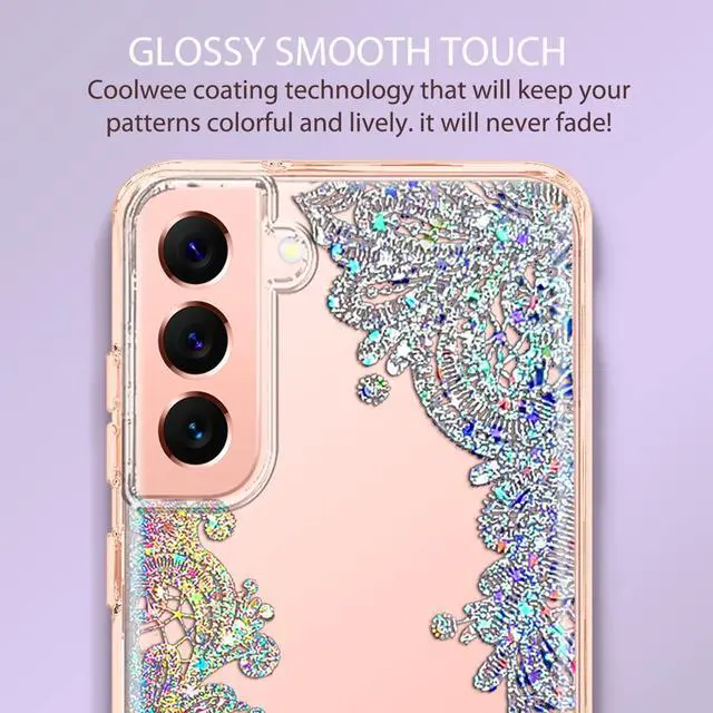 Alt view image 5 of 7 - Clear Glitter for Galaxy S22, 6.1 inch, Thin Flower Slim Cute Crystal Lace Bling Shiny for Women Girls Floral Plastic Hard Back Soft TPU Bumper Protective Cover for Samsung S22 Mandala Henna