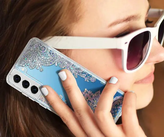 Alt view image 3 of 7 - Clear Glitter for Galaxy S22, 6.1 inch, Thin Flower Slim Cute Crystal Lace Bling Shiny for Women Girls Floral Plastic Hard Back Soft TPU Bumper Protective Cover for Samsung S22 Mandala Henna