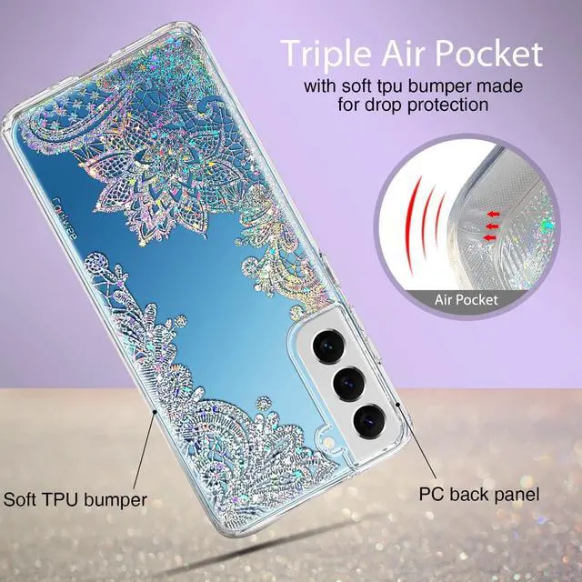 Alt view image 6 of 7 - Clear Glitter for Galaxy S22, 6.1 inch, Thin Flower Slim Cute Crystal Lace Bling Shiny for Women Girls Floral Plastic Hard Back Soft TPU Bumper Protective Cover for Samsung S22 Mandala Henna