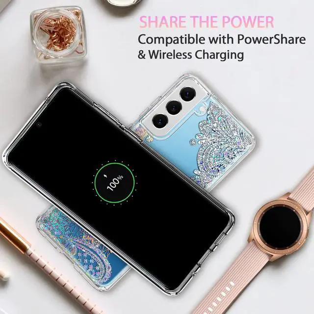 Alt view image 7 of 7 - Clear Glitter for Galaxy S22, 6.1 inch, Thin Flower Slim Cute Crystal Lace Bling Shiny for Women Girls Floral Plastic Hard Back Soft TPU Bumper Protective Cover for Samsung S22 Mandala Henna