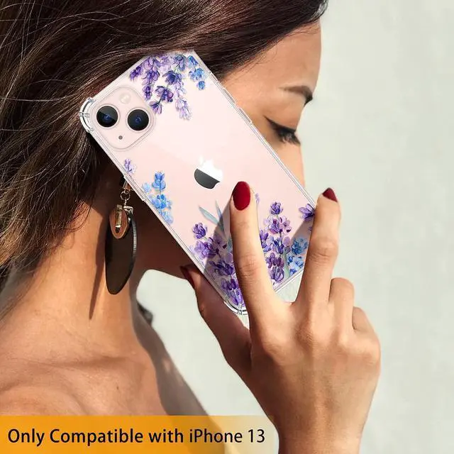 Alt view image 7 of 7 - Flower Designed for iPhone 13 Case[with Screen Protector], Floral Clear Women Phone Case Shockproof Protective Soft TPU Bumper Cover 6.1 Inch 2021 (Lavender/Purple)