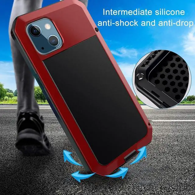 Alt view image 4 of 7 - for iPhone 13 Case, 360 Full Body Protective Cover Heavy Duty Shockproof Tough Armour Aluminum Alloy Metal Case with Silicone Built-in Screen Protector for Apple iPhone 13 6.1 Inch - Red
