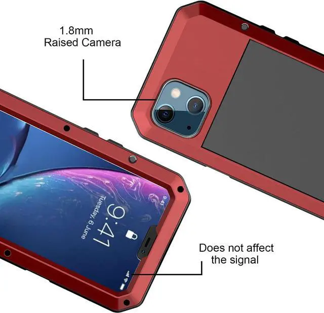 Alt view image 6 of 7 - for iPhone 13 Case, 360 Full Body Protective Cover Heavy Duty Shockproof Tough Armour Aluminum Alloy Metal Case with Silicone Built-in Screen Protector for Apple iPhone 13 6.1 Inch - Red