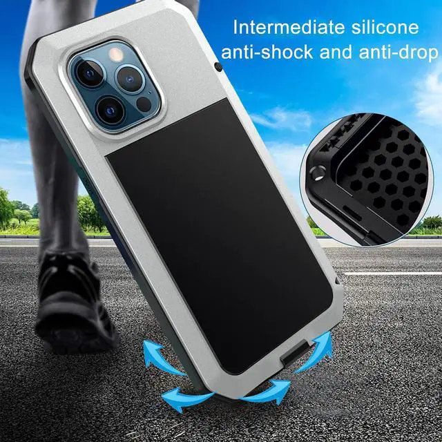 Alt view image 4 of 7 - for iPhone 13 Pro Max Case,360 Full Body Protective Heavy Duty Shockproof Tough Armour Aluminum Metal Case with Silicone Built-in Screen Protector for iPhone 13 Pro Max 6.7" - Silver