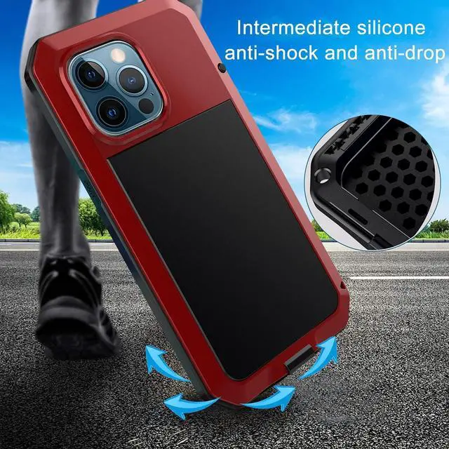 Alt view image 4 of 7 - for iPhone 13 Pro Max Case,360 Full Body Protective Heavy Duty Shockproof Tough Armour Aluminum Alloy Metal Case with Silicone Built-in Screen Protector for iPhone 13 Pro Max 6.7" - Red
