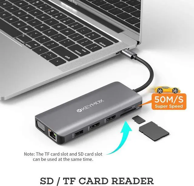 Alt view image 3 of 5 - KEYMOX USB-C Laptop Docking Station, USB-C Hub, 11in1 Triple Display (Dual 4K HDMI&VGA) Type-C Adapter for HP Dell MacBook Pro and Windows (1Gbps Ethernet LAN, 100W PD, 4 x USB, SD TF Card Reader)