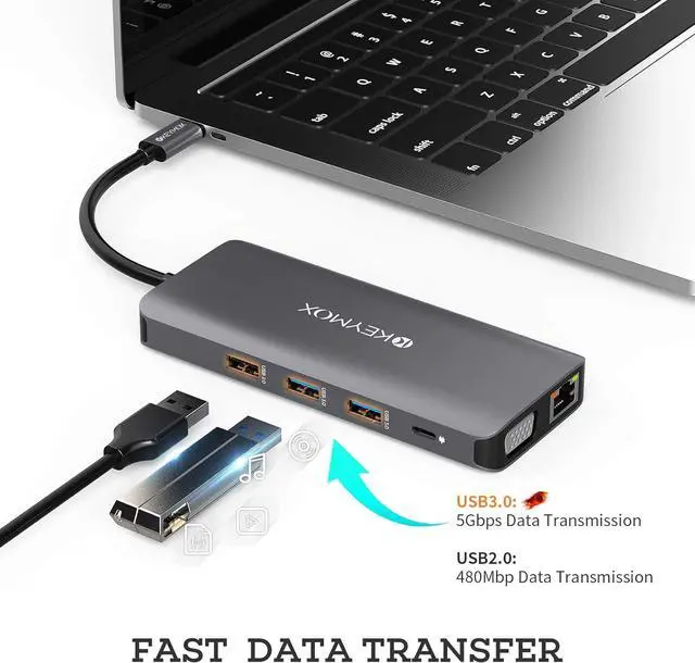 Alt view image 4 of 5 - KEYMOX USB-C Laptop Docking Station, USB-C Hub, 11in1 Triple Display (Dual 4K HDMI&VGA) Type-C Adapter for HP Dell MacBook Pro and Windows (1Gbps Ethernet LAN, 100W PD, 4 x USB, SD TF Card Reader)
