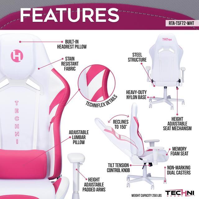 Alt view image 3 of 7 - Techni Sport TSF72 Echo Gaming Chair - White with Pink