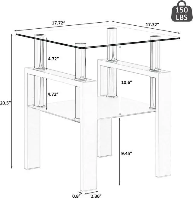 Alt view image 5 of 7 - Set of 2, Modern Tempered Glass Tea Table Coffee Table End Table, Square Table for Living Room, Transparent/White