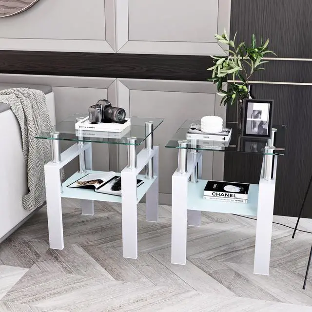 Alt view image 4 of 7 - Set of 2, Modern Tempered Glass Tea Table Coffee Table End Table, Square Table for Living Room, Transparent/White