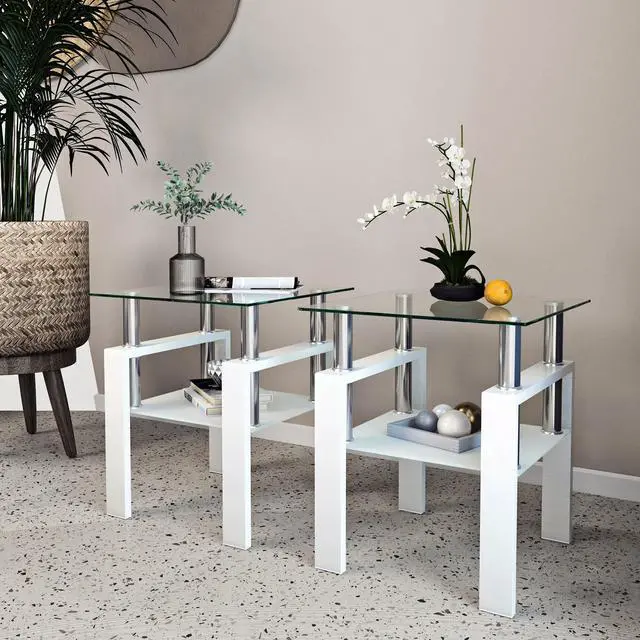 Main image of Set of 2, Modern Tempered Glass Tea Table Coffee Table End Table, Square Table for Living Room, Transparent/White