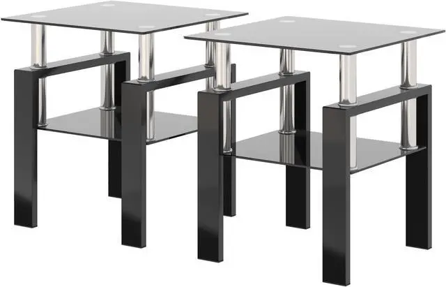 Alt view image 3 of 7 - Set of 2, Modern Tempered Glass Tea Table Coffee Table End Table, Square Table for Living Room, Black