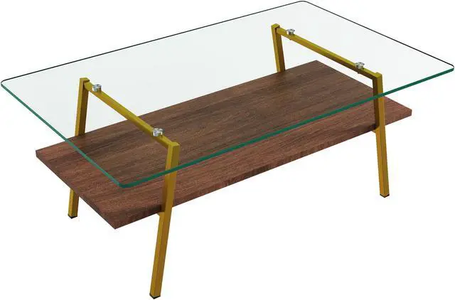 Alt view image 4 of 7 - Rectangle Coffee Table, Tempered Glass Tabletop with Gold Metal Legs, Modern Table for Living Room , Transparent Glass