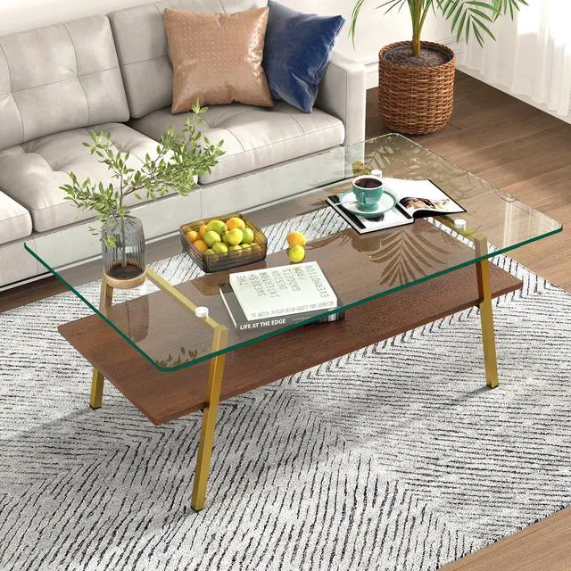 Alt view image 2 of 7 - Rectangle Coffee Table, Tempered Glass Tabletop with Gold Metal Legs, Modern Table for Living Room , Transparent Glass