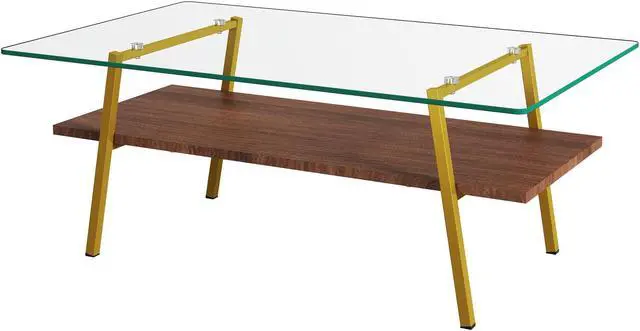 Alt view image 5 of 7 - Rectangle Coffee Table, Tempered Glass Tabletop with Gold Metal Legs, Modern Table for Living Room , Transparent Glass