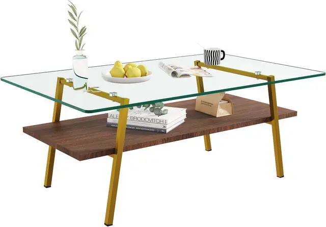 Alt view image 3 of 7 - Rectangle Coffee Table, Tempered Glass Tabletop with Gold Metal Legs, Modern Table for Living Room , Transparent Glass