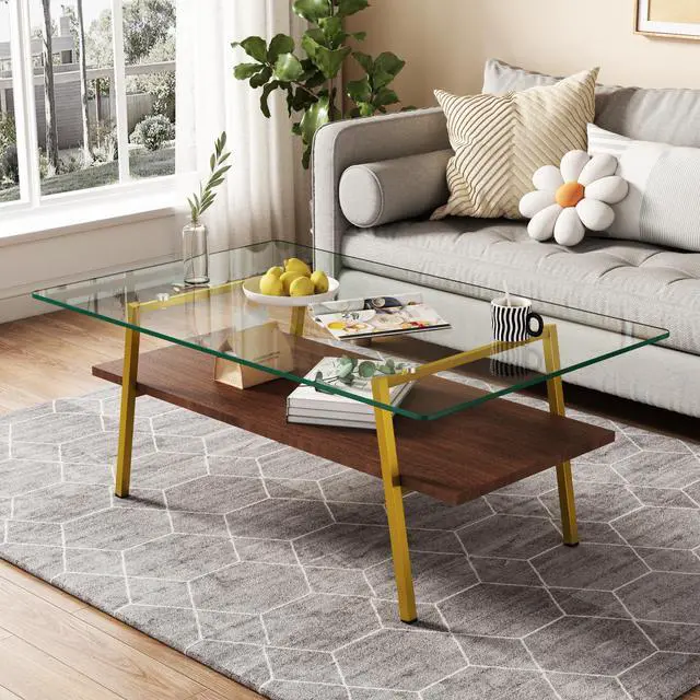 Main image of Rectangle Coffee Table, Tempered Glass Tabletop with Gold Metal Legs, Modern Table for Living Room , Transparent Glass