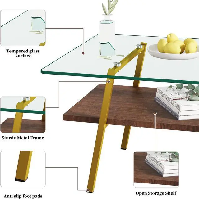 Alt view image 6 of 7 - Rectangle Coffee Table, Tempered Glass Tabletop with Gold Metal Legs, Modern Table for Living Room , Transparent Glass