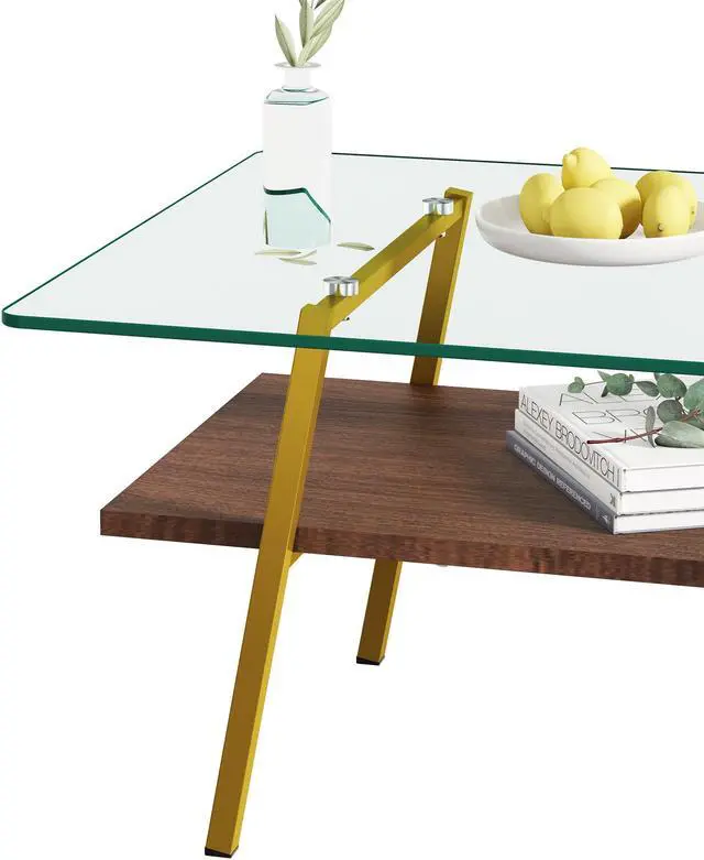 Alt view image 7 of 7 - Rectangle Coffee Table, Tempered Glass Tabletop with Gold Metal Legs, Modern Table for Living Room , Transparent Glass