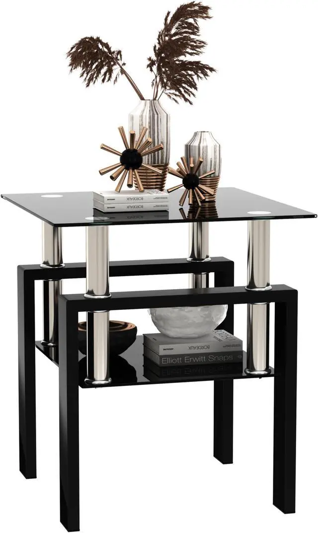 Alt view image 3 of 7 - 1-Piece Modern Tempered Glass Tea Table Coffee Table End Table, Square Table for Living Room, Black