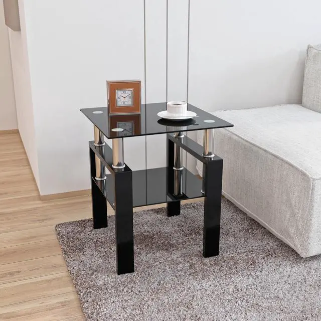 Alt view image 2 of 7 - 1-Piece Modern Tempered Glass Tea Table Coffee Table End Table, Square Table for Living Room, Black